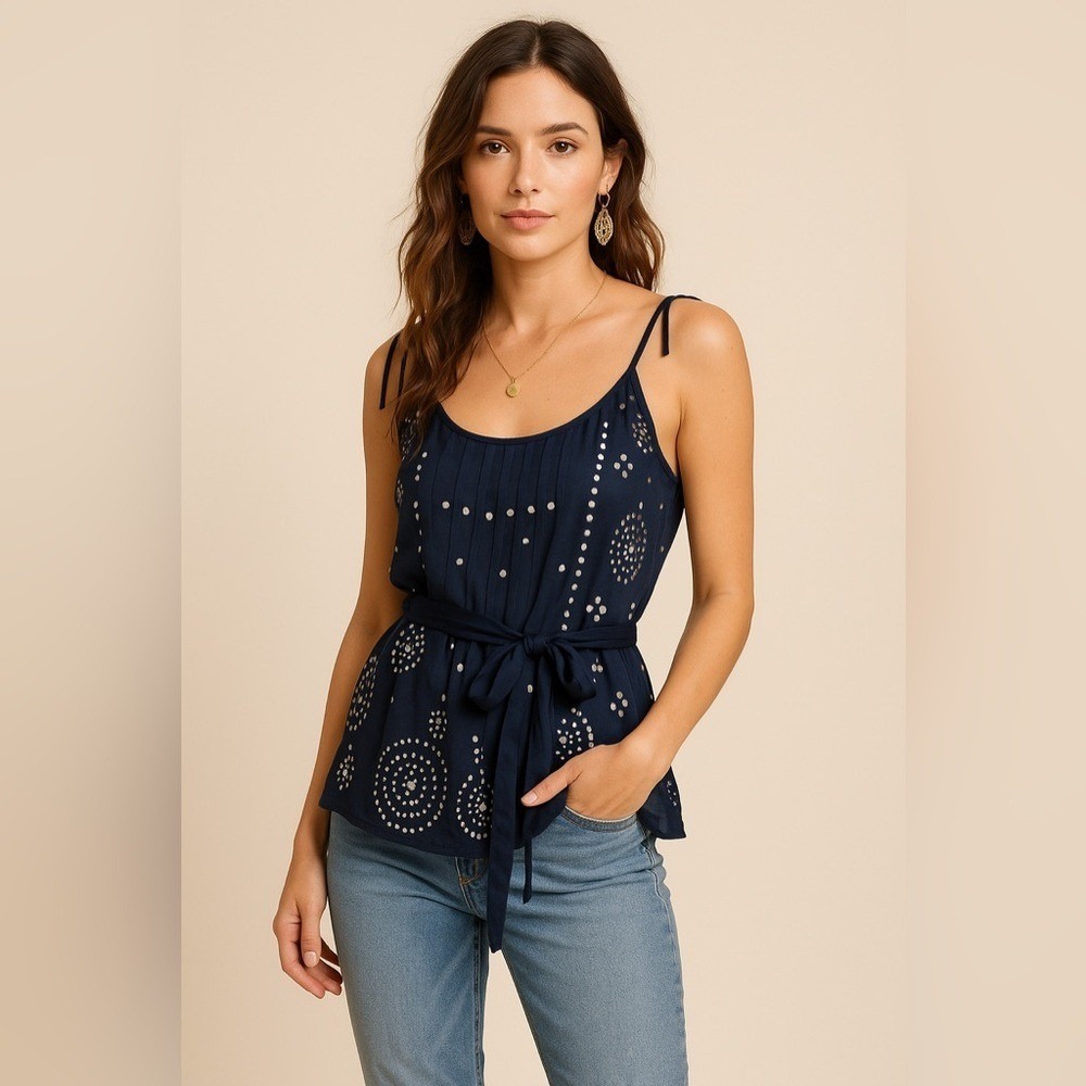 Nougat London Sheer Embellished Swing Camisole Top Navy Size 2
